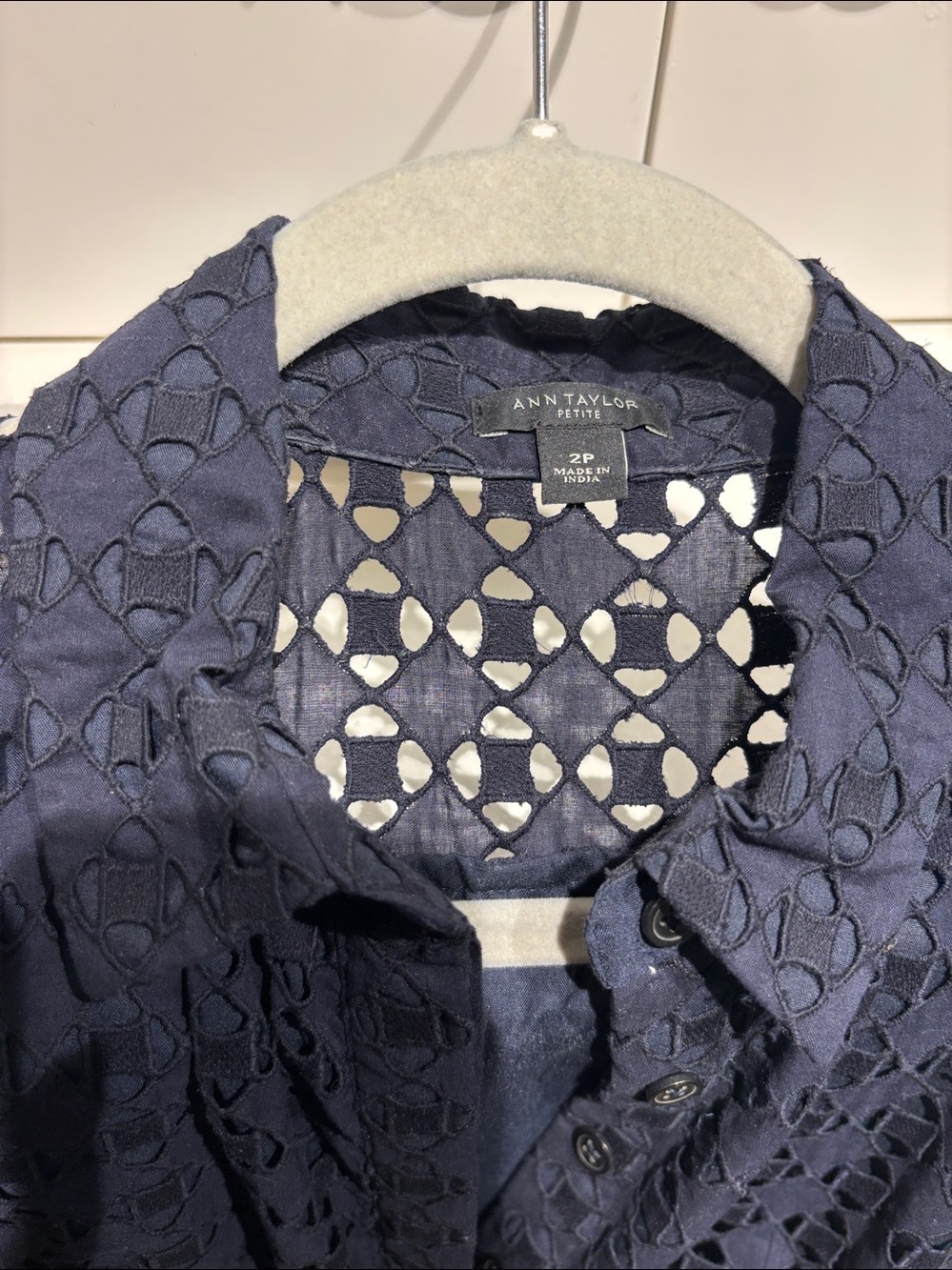 Ann Taylor Navy Eyelet Shirt Dress - Short Sleeve MIDI - Picture 3 of 5